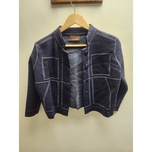 Kerisma Navy Blue Contrast Stitch Knit Jacket Mock Neck Button Front M5167 Small